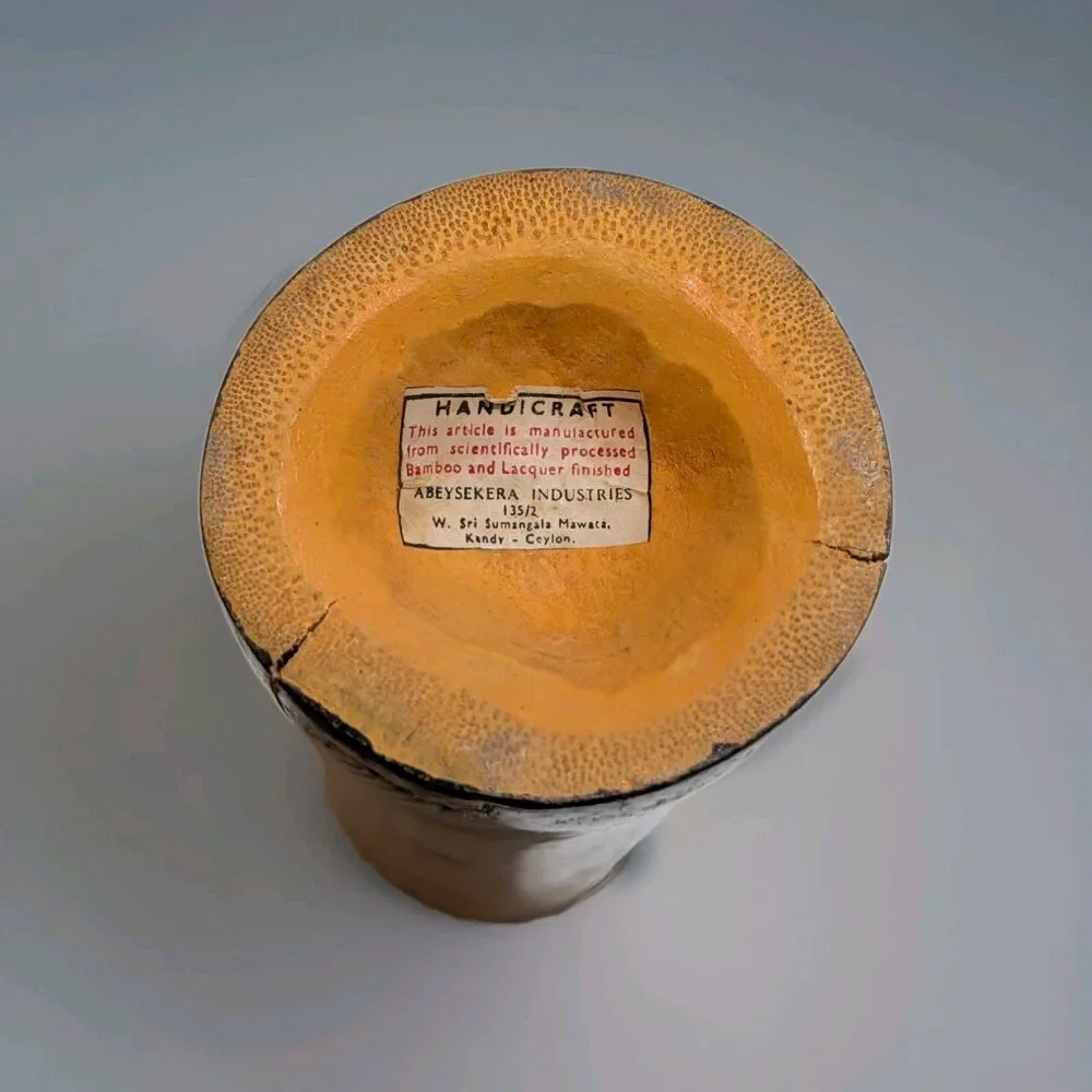 Vintage Abeysekera Industries Ceylon Lacquer Bamboo Cylinder Vase Hand Painted